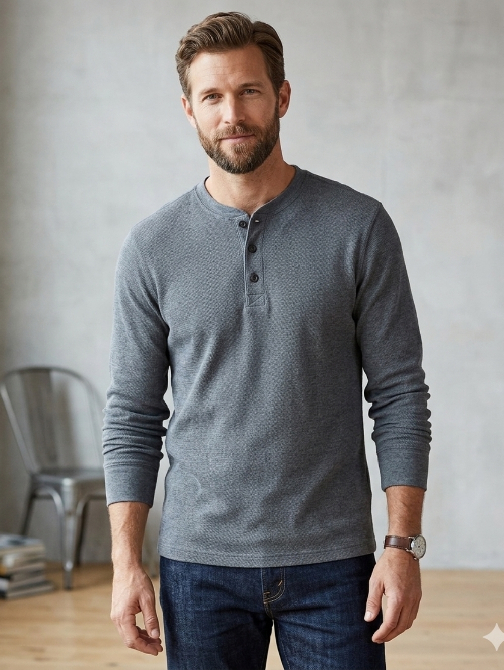 L.L. Bean Men's Grey Henley Shirt Long Sleeve L Cotton Reg Cabincore Camping